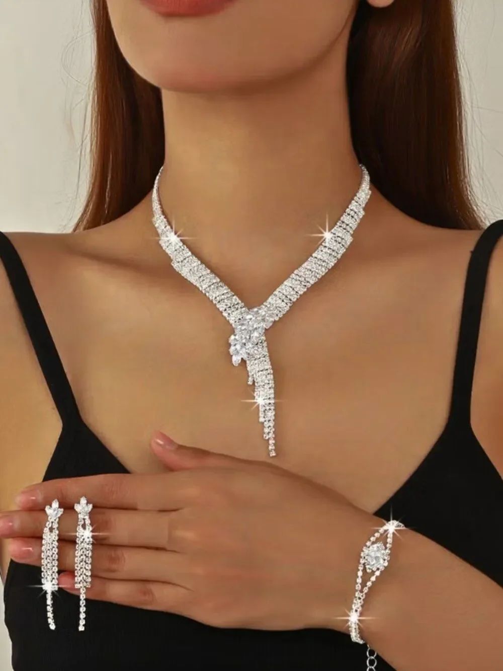 Radiant Marquis Crystal Jewelry Set V-Shaped Necklace Earrings Bracelet & Ring